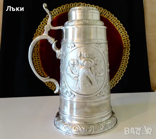 Халба от калай 1.5 л., 1.3 кг.,лов,покер. , снимка 3 - Антикварни и старинни предмети - 50235813