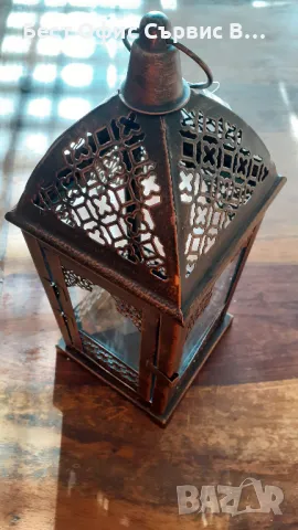 фенер метален ретро антикварен, за свещ кандило и други, метал състарено злато и стъкла, снимка 4 - Антикварни и старинни предмети - 48564853