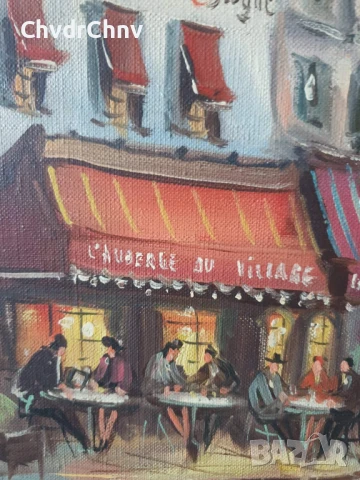 54х46см/малка стара картина масло върху платно/градски пейзаж/френско кафене/дървена рамка, снимка 4 - Картини - 51192662