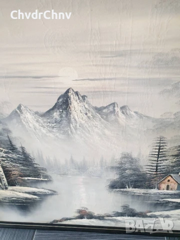 132х102см/стара голяма картина масло върху платно/зимен пейзаж/къща-езеро-планина/дървена рамка, снимка 4 - Картини - 50727685