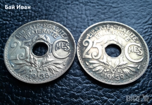 Стара монета 25 сантима 1938 г. и 1939 г. Франция - красиви !, снимка 7 - Нумизматика и бонистика - 42219984