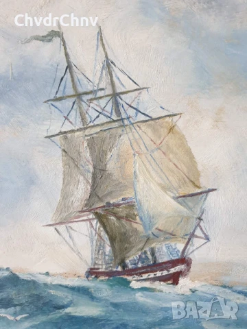 Lindahl 110х74см/стара голяма картина масло върху фазер/морски пейзаж/кораб/1943г/дървена рамка, снимка 5 - Картини - 50703313