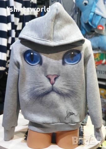 Нов детски суичър с 3D принт сива Котка със сини очи, снимка 5 - Детски анцузи и суичери - 35048553