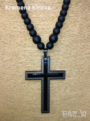 Мъжки колиета с оникс и кръст от благородна стомана. Идея за подарък. Бижута Луди гъби., снимка 1