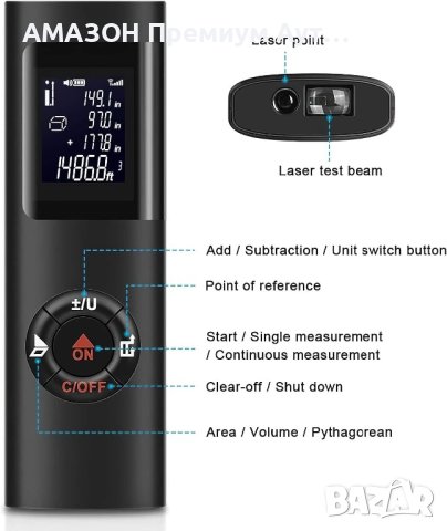 Акумулаторен компактен лазерен далекомер IPSXP,защита IP54/LCD дисплей/30 м/изчислява обем/площ, снимка 2 - Екипировка - 44281722