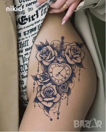 часовник сърце с рози черно бял временна татуировка татос татус Tattoo
