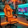 Оранжев велурен геймърски стол с поставка за крака – ергономичен, метална рамка, снимка 3