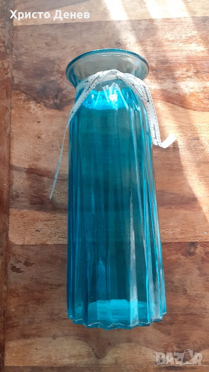 ваза стъклена синя дизайнерска качествена висока 30 см, снимка 1