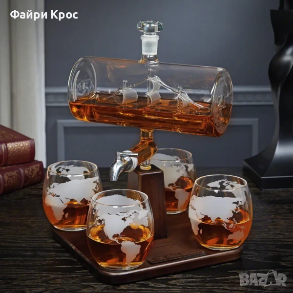 Стъклена бутилка за алкохол с 4 чаши, Буре с вграден кораб, диспенсър за уиски, подарък за мъж, снимка 1