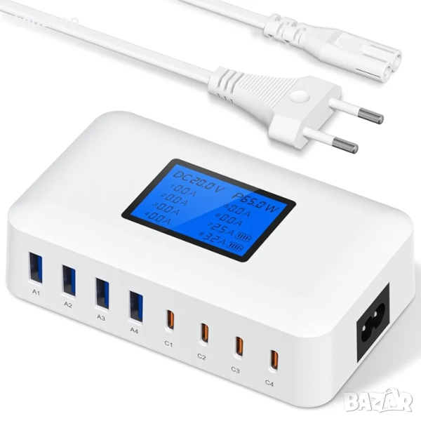 Ново Rsydmny 200W зарядно устройство - 8-портово USB C захранване, USB зарядна станция с LCD екран.., снимка 1