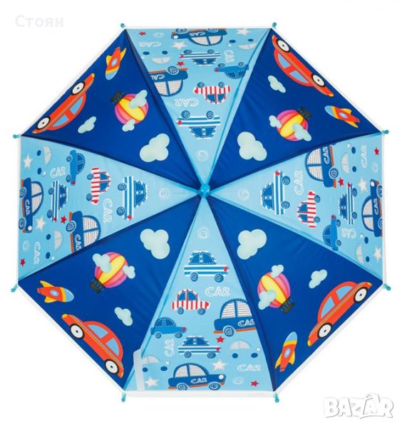 Детски чадър тип бастун за дъжд ръчен син Ciel с коли 66 см, снимка 1