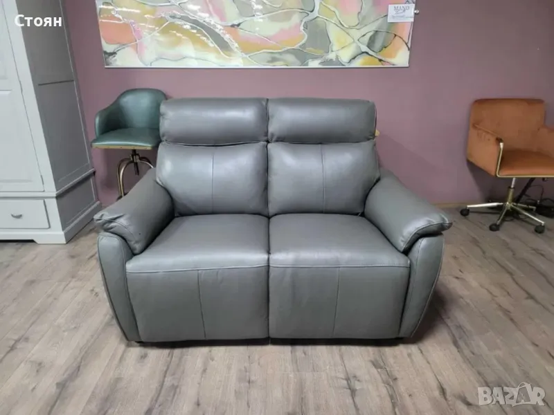 Сив кожен диван двойка, снимка 1