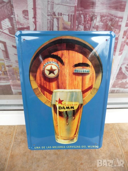 Метална табела бира Damm рекламна капачки чаша забавна пиво, снимка 1