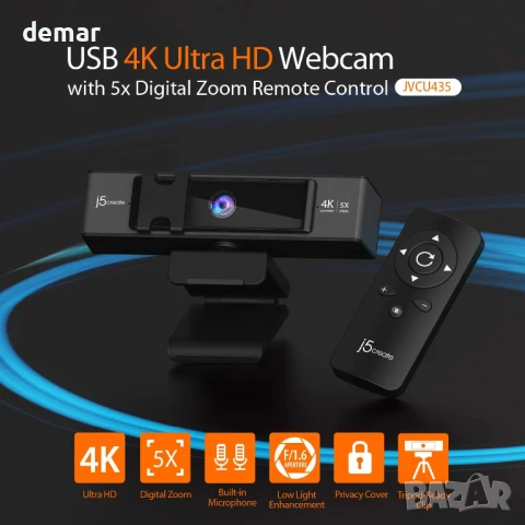 j5create 4K Ultra HD уеб камера с 5-кратно цифрово увеличение и два микрофона,дистанционно (JVCU435), снимка 6 - Други - 50592413