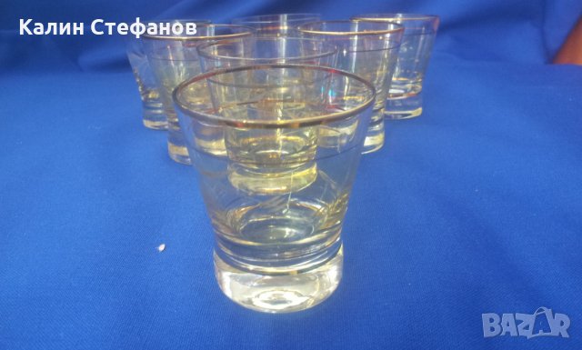 Стари чаши за концентрат, калиево стъкло, гравюра, златен кант 7 бр - 50 мл