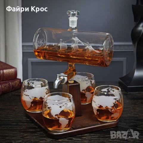 Стъклена бутилка за алкохол с 4 чаши, Буре с вграден кораб, диспенсър за уиски, подарък за мъж
