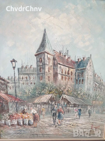 75х65см/голяма картина масло върху платно/градски пейзаж-пазар/дървена рамка, снимка 2 - Картини - 51176983