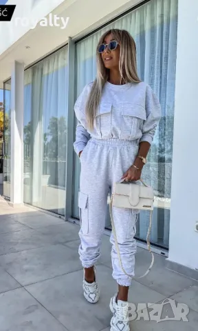 ПРОМОЦИЯ  Спортен сив комплект карго панталон и блуза с джобове, снимка 3 - Комплекти - 49493065