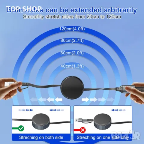4 в 2 USB C/A прибиращ се кабел за бързо зареждане, 100 W, MFi сертифициран, снимка 6 - Друга електроника - 49693550
