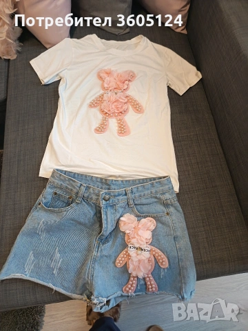 дамски комплект тениска и дънкови панталонки размер L, снимка 6 - Тениски - 53069327