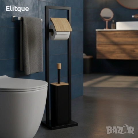 Стойка 2в1 Cheffinger за баня с тоалетна четка и държач за тоалетна хартия – метал и дърво, снимка 7 - Други стоки за дома - 53165365
