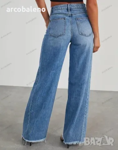 Широки дамски дънки с протрит подгъв и странични шевове, снимка 3 - Дънки - 47701710