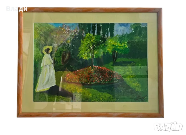 Ръчно рисувана картина "Дама в градината" - Импресионизъм,с рамка 48/63