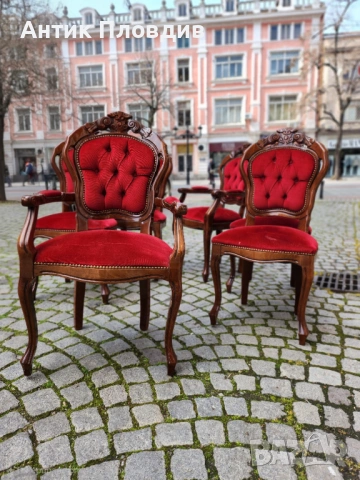 Комплект от 6 трапезни стола с червена плюшена дамаска, снимка 5 - Столове - 53983502