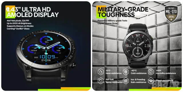 Смарт часовник Zeblaze Ares 3 Pro, AMOLED, 1.43'', Разговори,Водоустойчив ,Черен, снимка 8 - Мъжки - 47920731