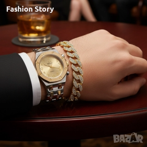 Модерен унисекс часовник със златист циферблат и блестяща гривна, снимка 6 - Романтични подаръци - 51934776