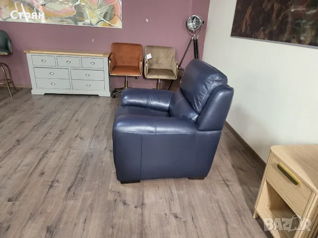 Тъмно син кожен фотьойл, снимка 3 - Дивани и мека мебел - 56486071