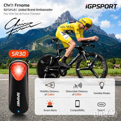 Задна SMART LED стоп светлина с радар IGPSPORT SR30, Bluetooth/ANT+, IPX7, снимка 4 - Аксесоари за велосипеди - 54344114