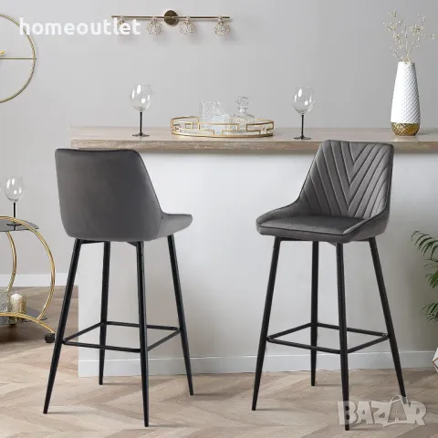 ПРОМОЦИЯ Бар стол с облегалка и дамаска от кадифе, височина 104см, к-т от 2бр - C-U-BS-B0304GY