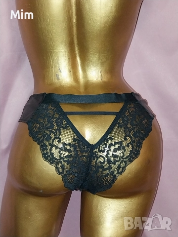 S Черна изрязана бикина от кожа и дантела с отворено дъно , снимка 4 - Бельо - 52668343