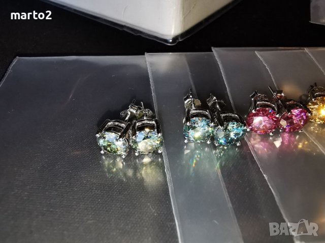 Сребърни Обеци с по 1 Карат Мойсанит-Розов, Жълт, Зелен, Сино-Зелен, Бял , снимка 6 - Обеци - 38762837
