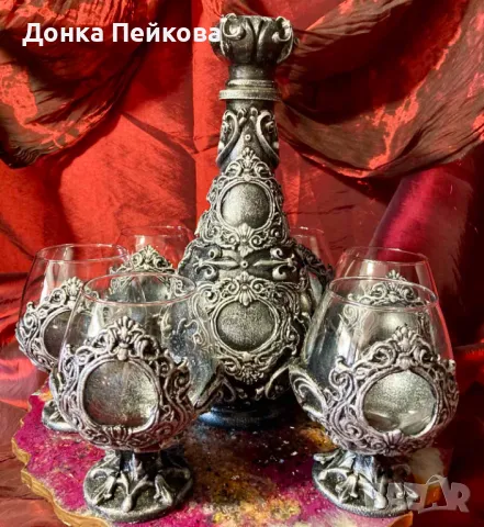 Ръчно изработен сервиз за коняк в сребро от 7 части, снимка 3 - Чаши - 48657381