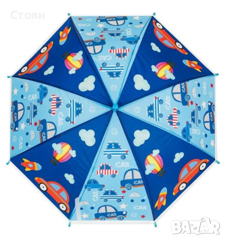 Детски чадър тип бастун за дъжд ръчен син Ciel с коли 66 см