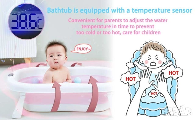 Сгъваема детска вана с дигитален термометър и анатомична подложка (0-6 години) – Синя, снимка 8 - Други - 52571992