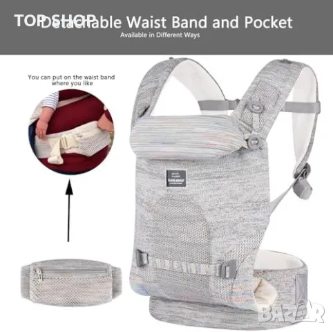 Нова Ергономична Бебешка Носилка Bebamour, 4 Позиции, Сива за бебе майка, снимка 9 - Кенгура и ранички - 49343947