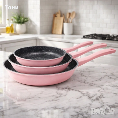 Комплект тигани Cheffinger розово с мраморно покритие – 3 части за всяка кухня - розов цвят, снимка 7 - Прибори за хранене, готвене и сервиране - 53158673