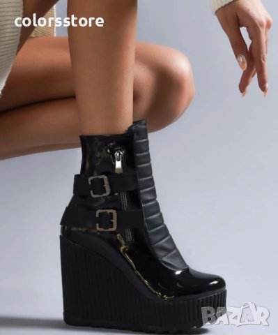 Боти на платформа - черен лак - B2001, снимка 2 - Дамски боти - 39834305
