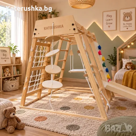 Голяма дървена катерушка за вкъщи, детска катерушка с рингове, въжена стълба и стена, Jungle Gym