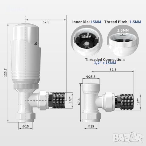 Термостатичен радиаторен вентил - Vancoco Modern TRV H62, 1/2" x 15 мм, снимка 2 - Други стоки за дома - 42704502