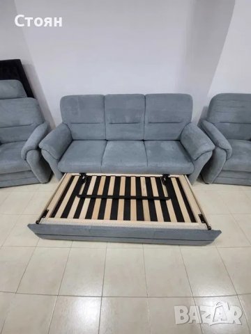 Син комплект тройка с функция сън и два фотьойла от плат "LS404820", снимка 5 - Дивани и мека мебел - 39964682