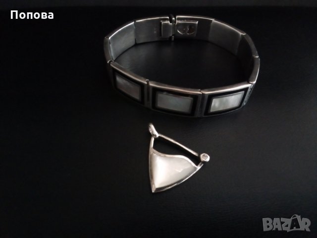 Дизайнерски сребърен масивен лот  с оникс и седеф /гривна и медальон/, снимка 8 - Бижутерийни комплекти - 31968256