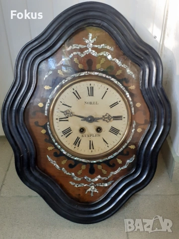 Прекрасен антикварен стенен часовник с интарзии от седеф, снимка 2 - Антикварни и старинни предмети - 53294671