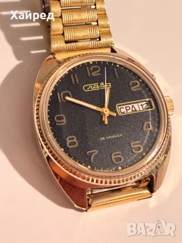 Стар рядък механичен часовник мъжки СЛАВА СССР 26 камъка позлатен Au, снимка 2 - Мъжки - 53978064