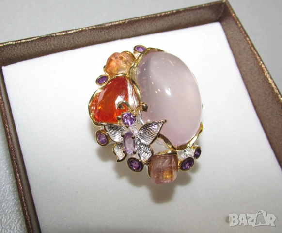 925 Сребърен пръстен с розав кварц 32 карата интересен, снимка 4 - Пръстени - 54053707