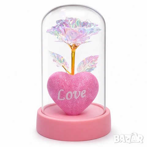 Светеща роза в купол LOVE – романтичен подарък с LED светлини, снимка 4 - Романтични подаръци - 54100476