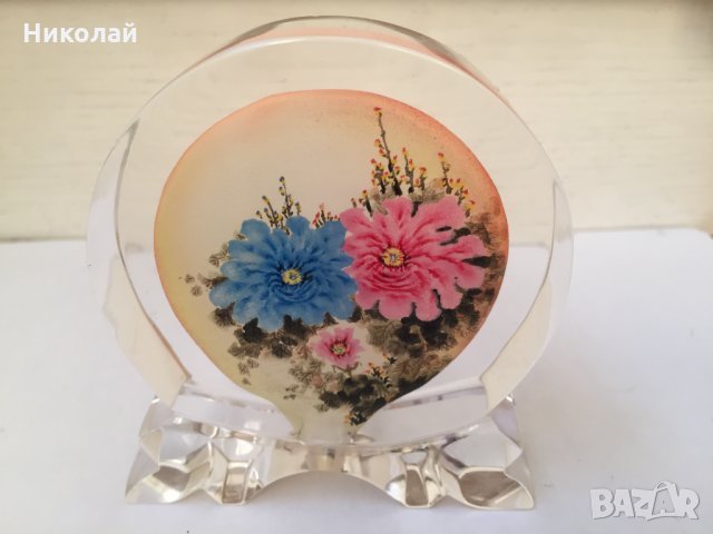 Китайски кристал за декорация с цветя "Божури", ръчно рисуван отвътре авторски уникат 2003г. 
